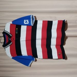 COOGI Polo Shirt size XXL Red, Cream, & Black stripes with Blue sleeves